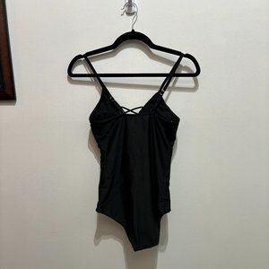 Never Worn! Black One Piece Bathing Suit Plunge V Neck with Cutout - Black
